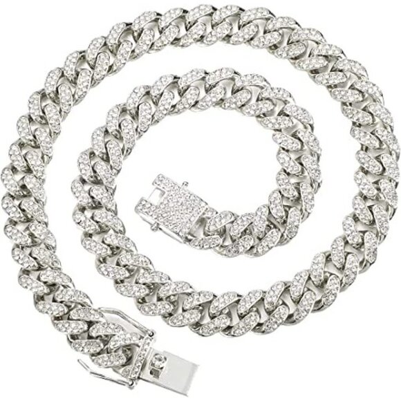 NECKLACE 18k white gold diamond cut cuban link chain stainless steel jewelry NWT - Picture 3 of 9
